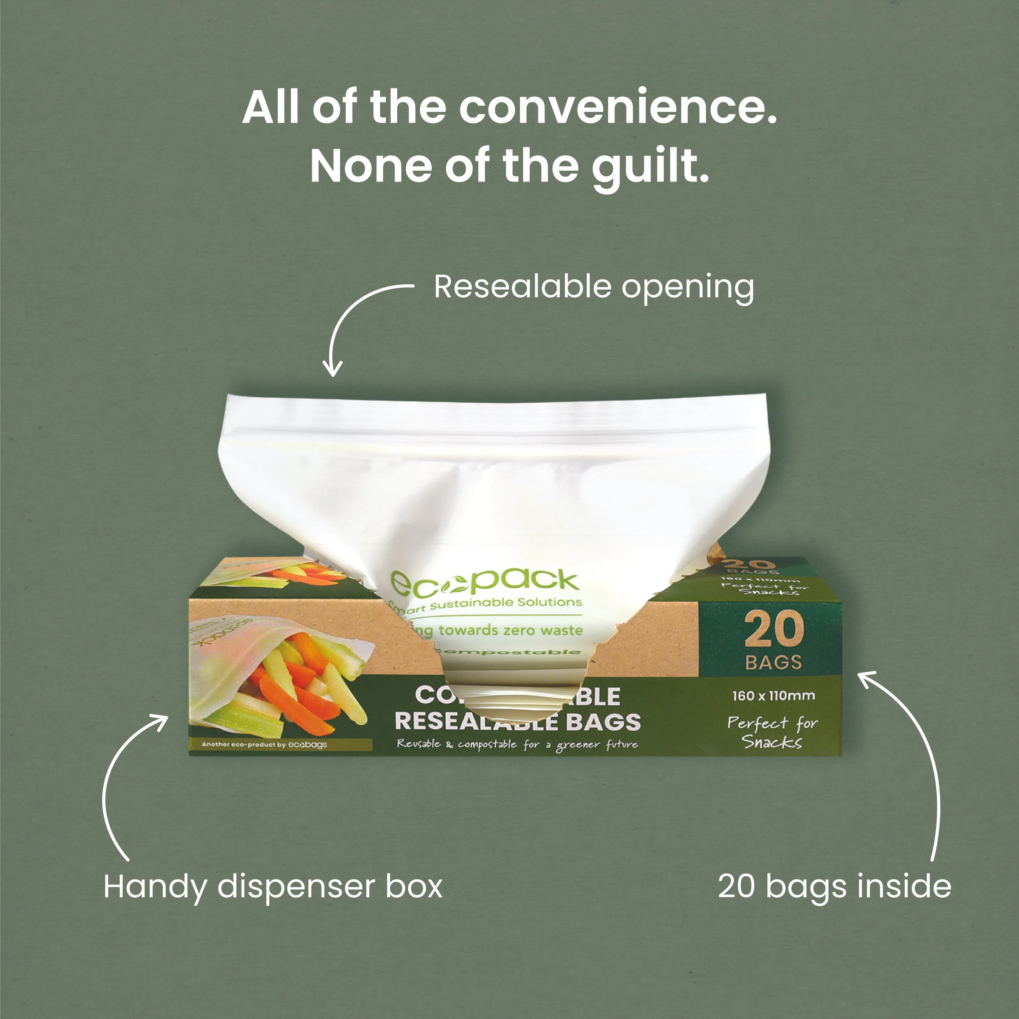 Ecopack Compostable Resealable Snack Bags (1 Box/20 Bags)
