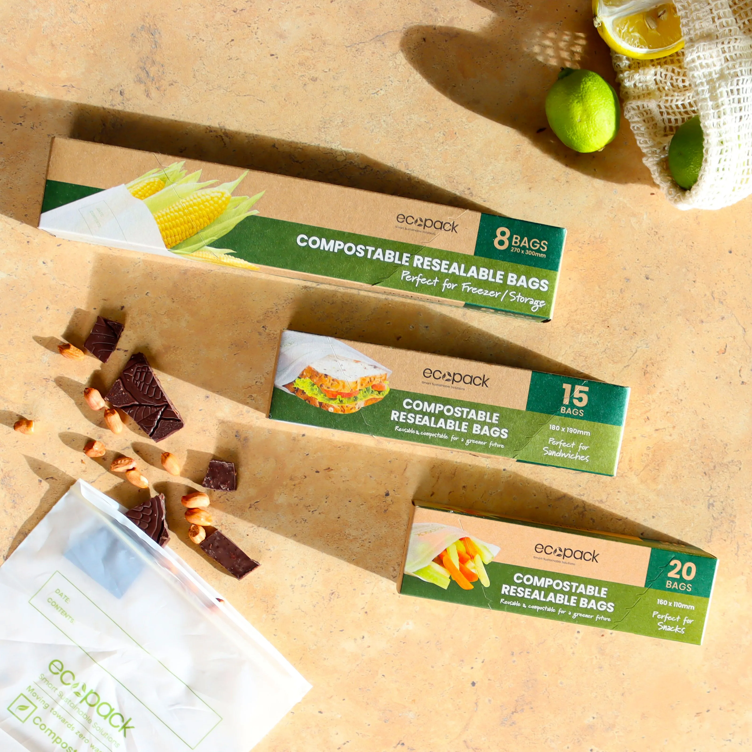 Ecopack Compostable Resealable Snack Bags (1 Box/20 Bags)