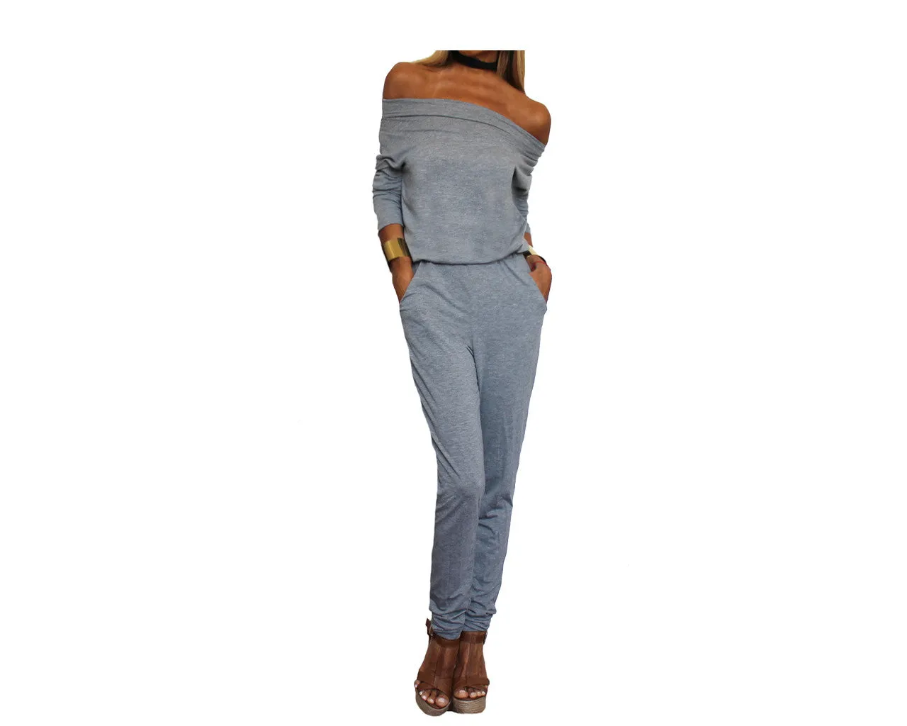 Gray off shoulder Jumpsuit - The Malibu
