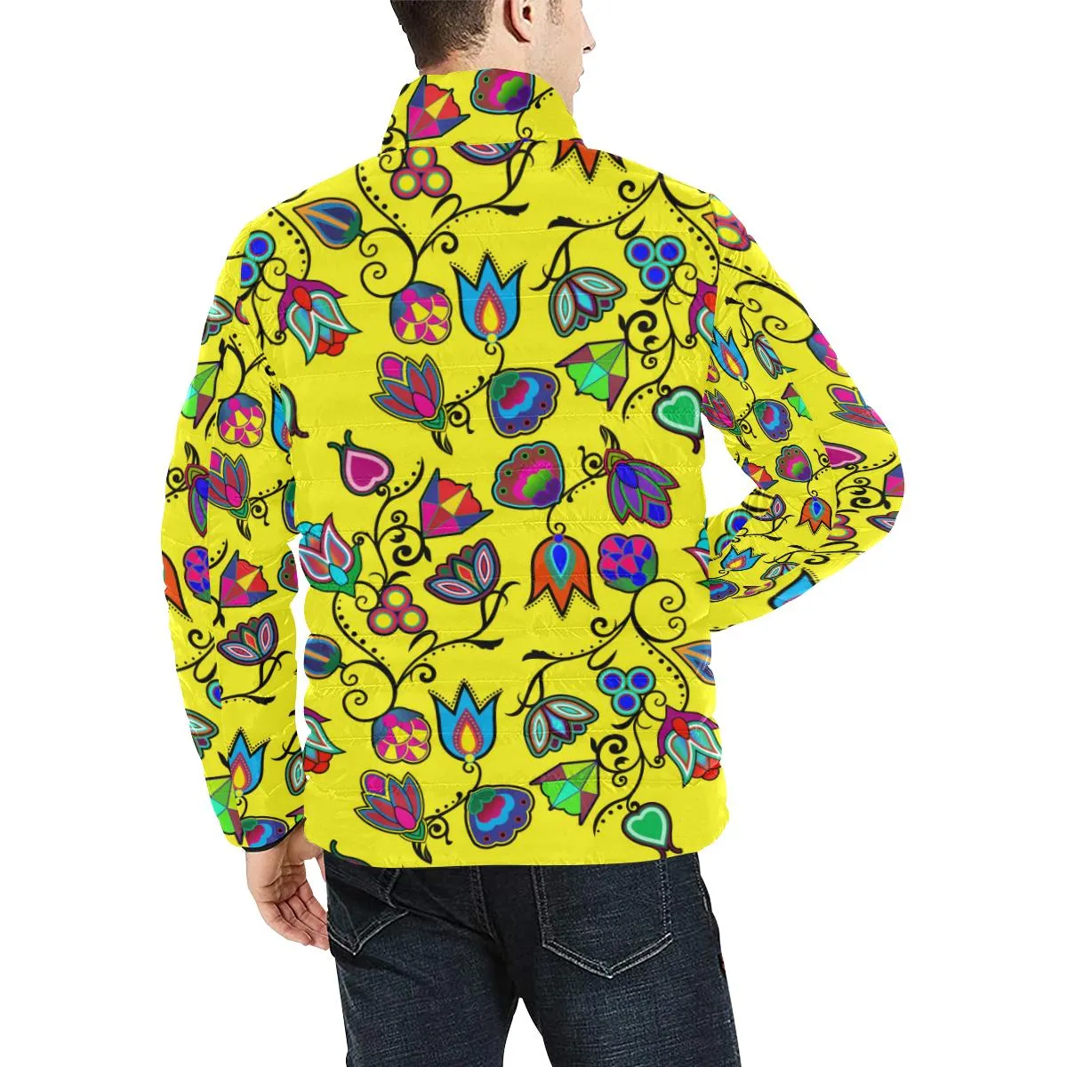 Indigenous Paisley Yellow Men's Stand Collar Padded Jacket