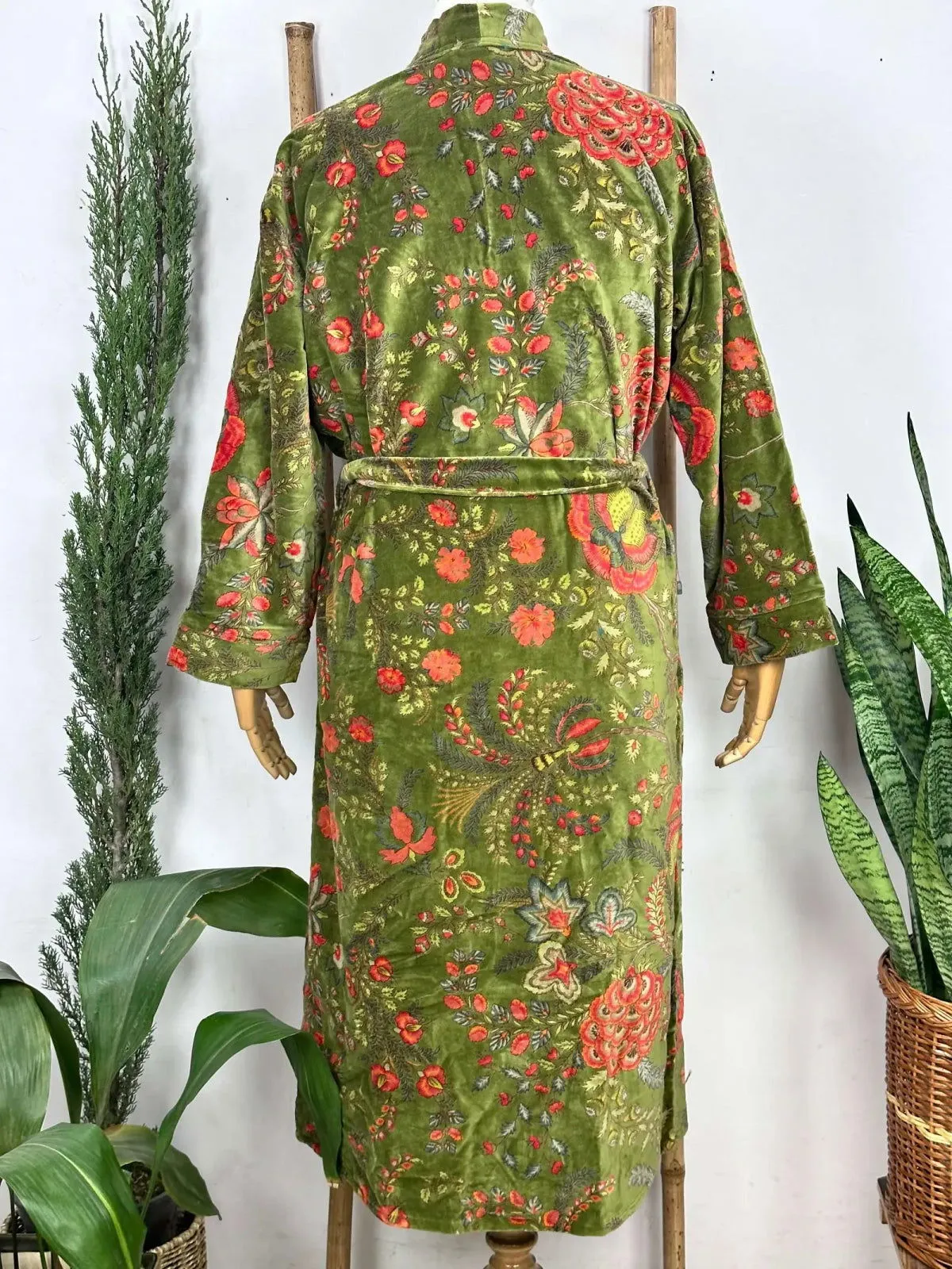 Luxury Velvet House Robe Unisex Kimono Jacket Reversible Silk Lined Autumn Winter Gift Muddy Green Botanical Bloom Floral Valentine Love