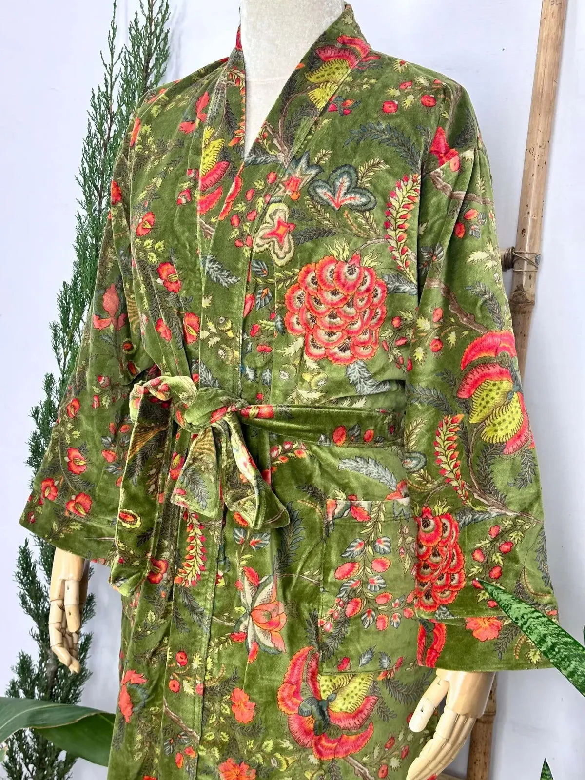 Luxury Velvet House Robe Unisex Kimono Jacket Reversible Silk Lined Autumn Winter Gift Muddy Green Botanical Bloom Floral Valentine Love