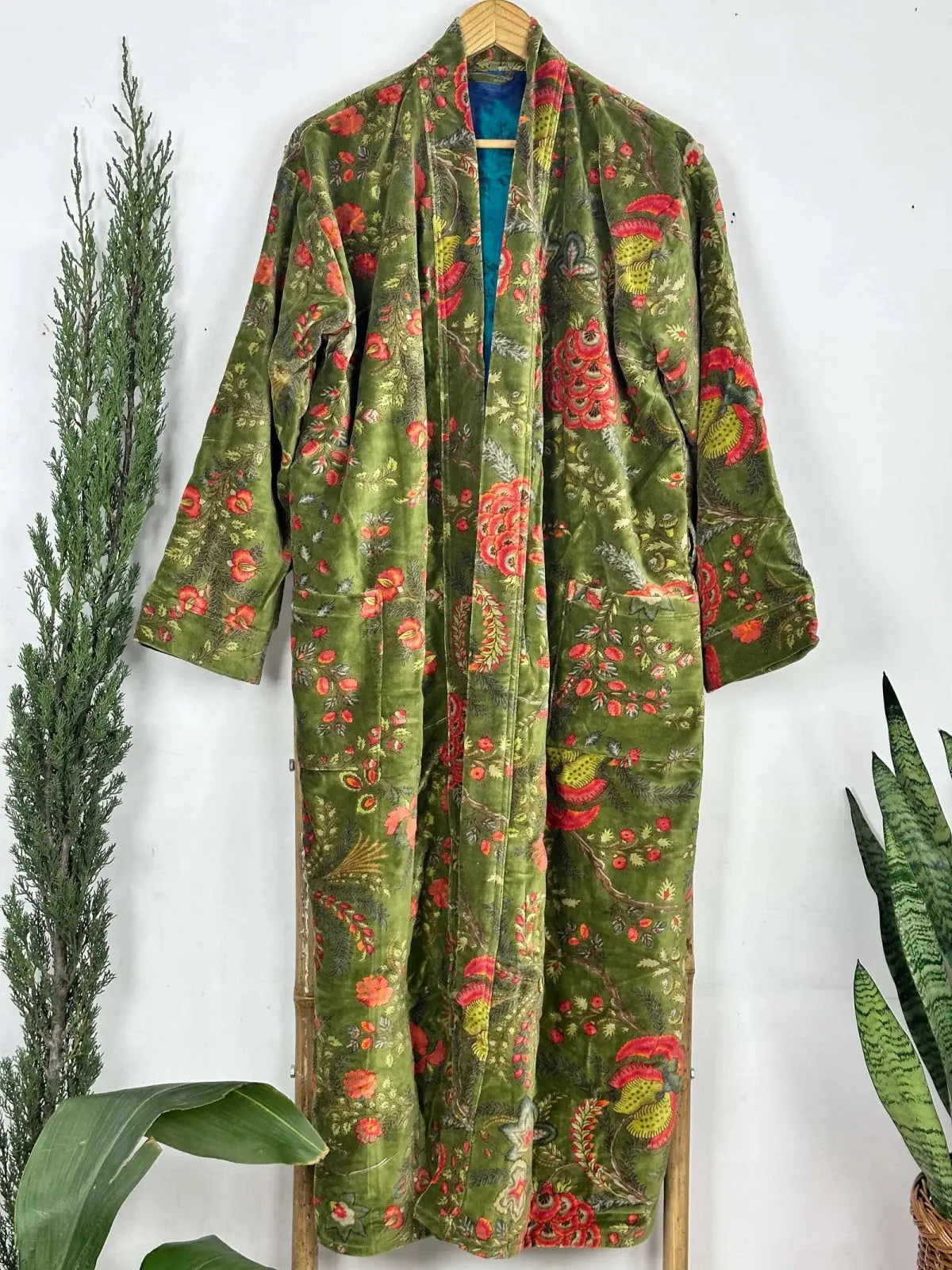 Luxury Velvet House Robe Unisex Kimono Jacket Reversible Silk Lined Autumn Winter Gift Muddy Green Botanical Bloom Floral Valentine Love
