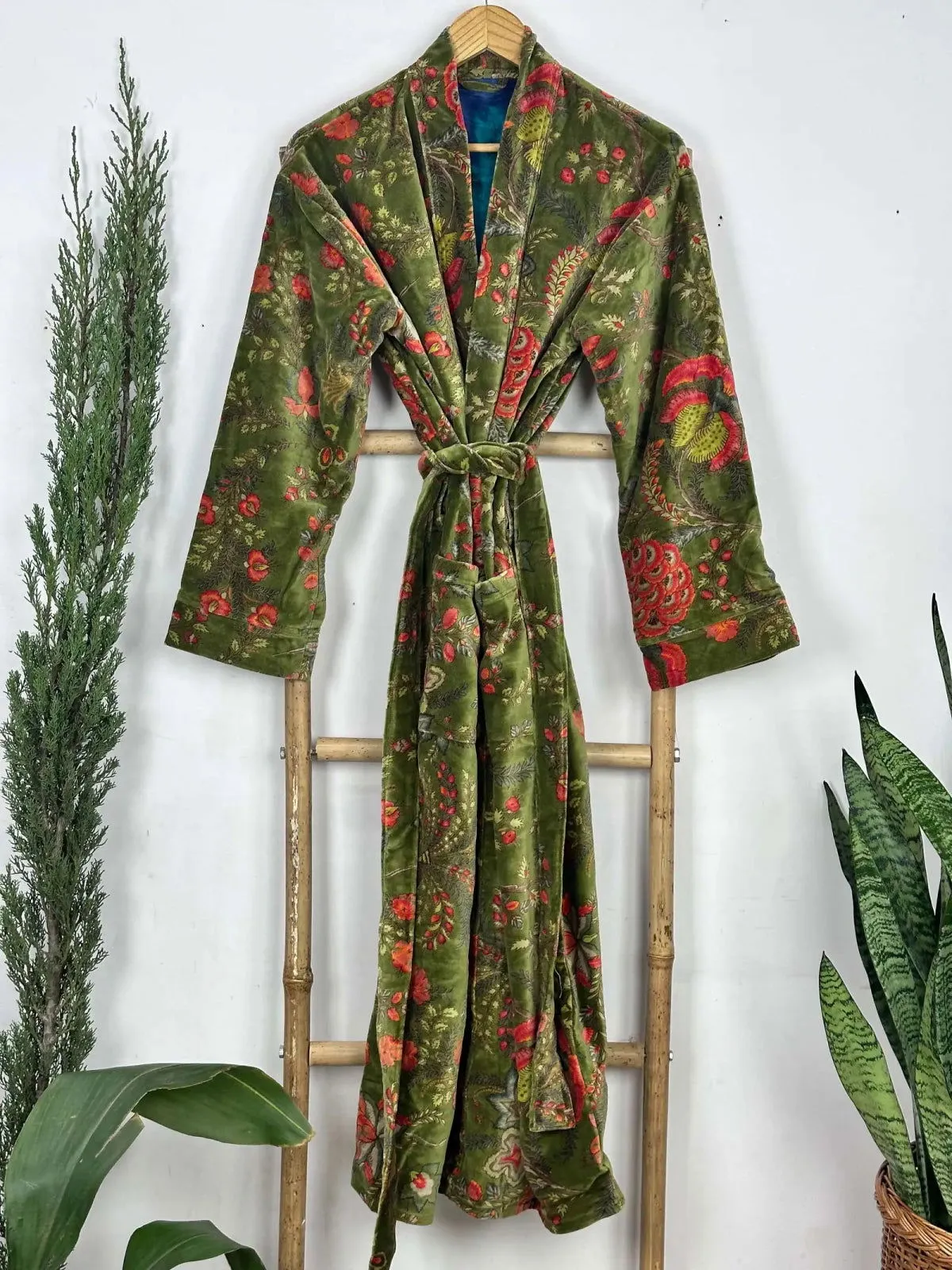 Luxury Velvet House Robe Unisex Kimono Jacket Reversible Silk Lined Autumn Winter Gift Muddy Green Botanical Bloom Floral Valentine Love