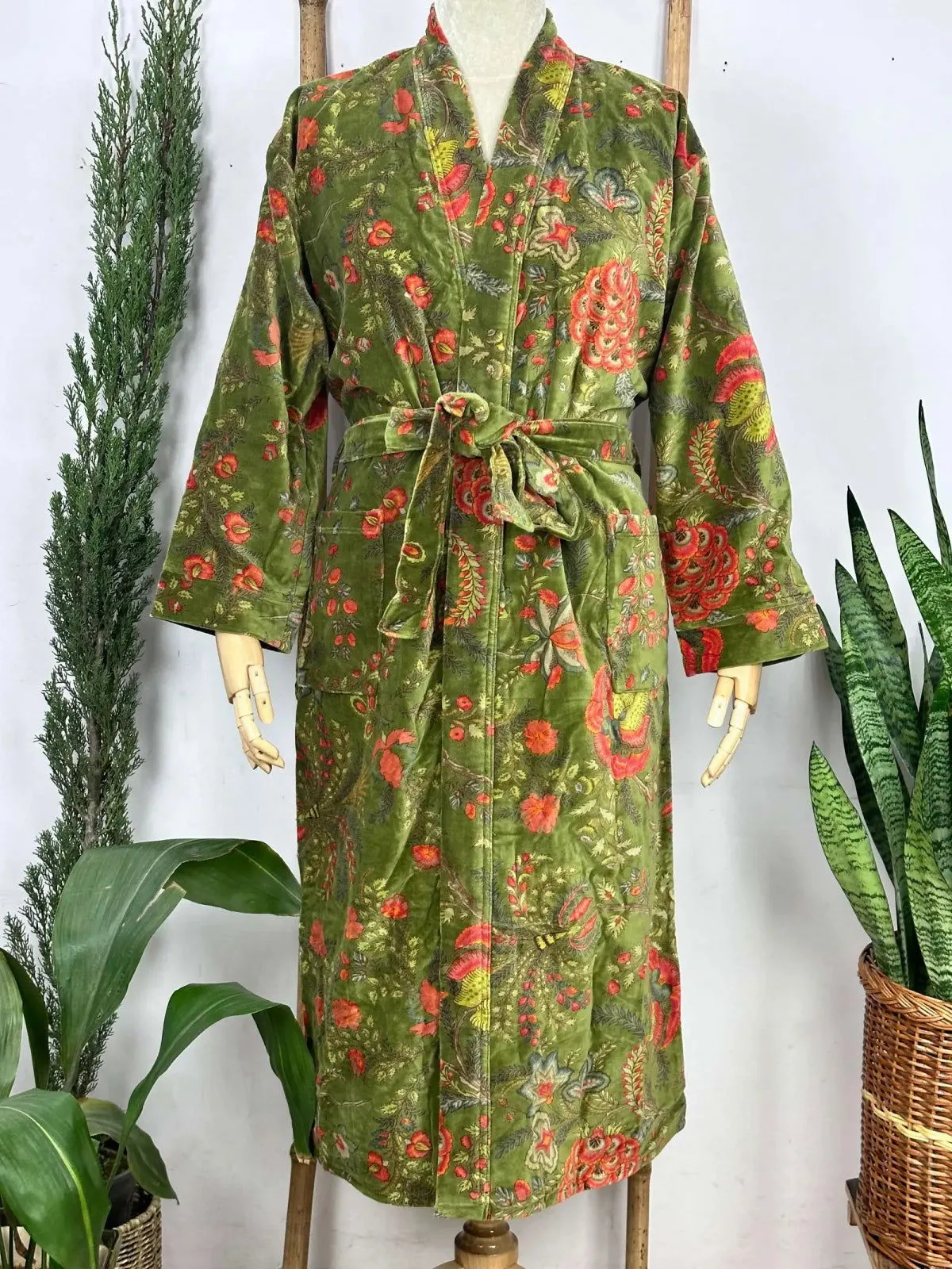 Luxury Velvet House Robe Unisex Kimono Jacket Reversible Silk Lined Autumn Winter Gift Muddy Green Botanical Bloom Floral Valentine Love