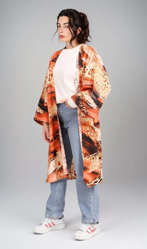 R207945 - Printed Linen Look Kimono - Abstract Brown