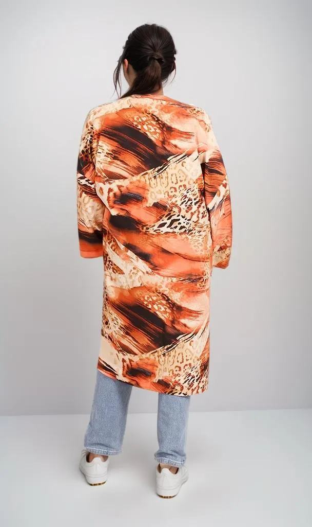 R207945 - Printed Linen Look Kimono - Abstract Brown