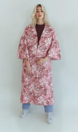 R207946 - Printed Linen Look Kimono - Pink Abstract