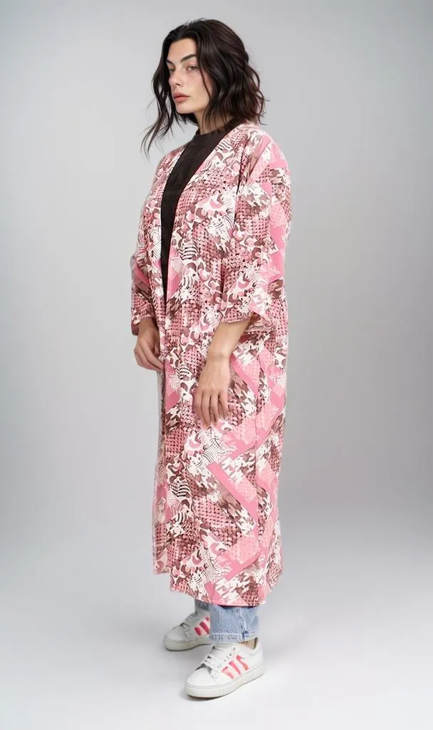 R207946 - Printed Linen Look Kimono - Pink Abstract