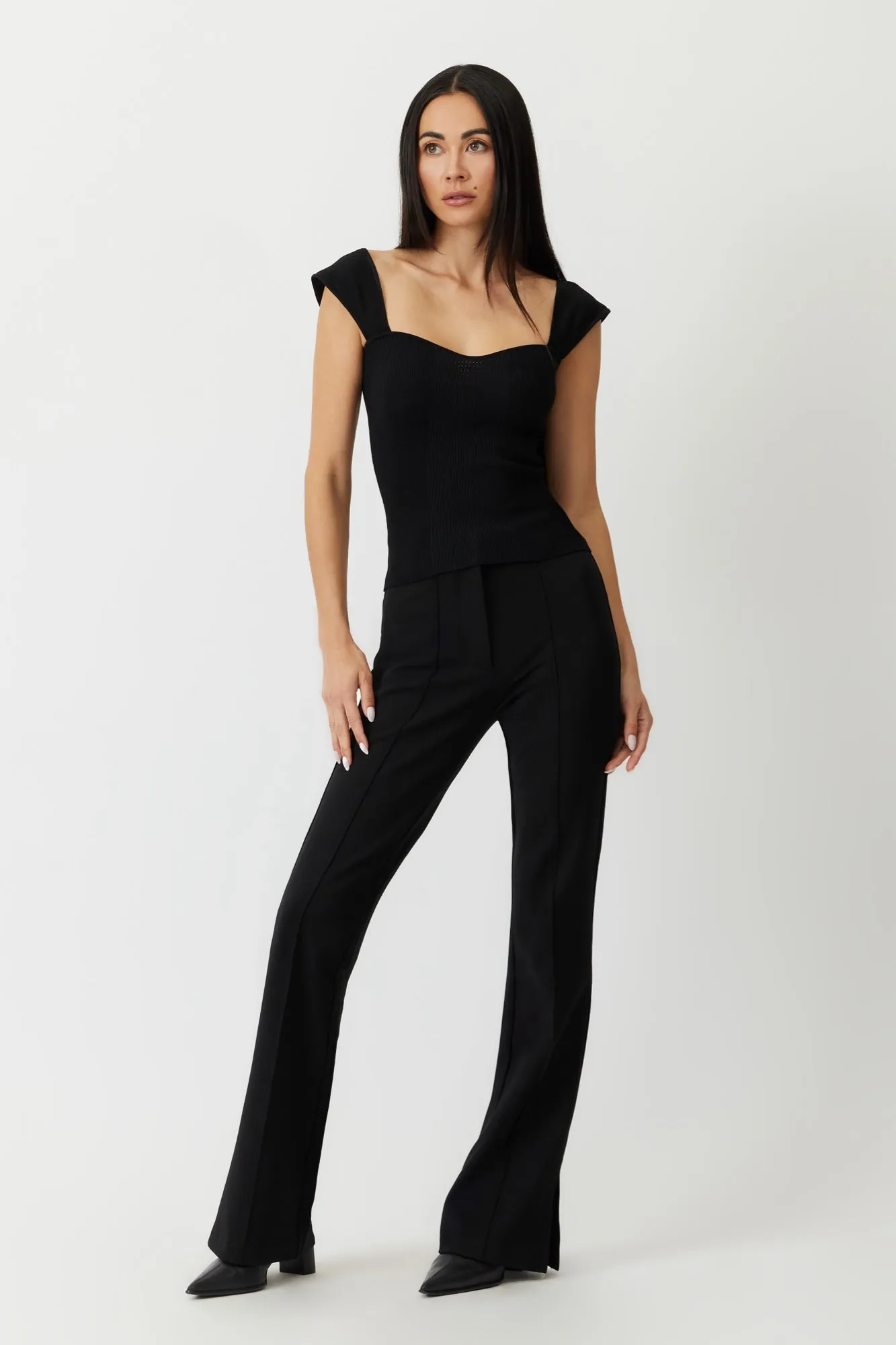 The Gladys - Black Ribbed Knit Sweetheart Tank Pointelle Detail