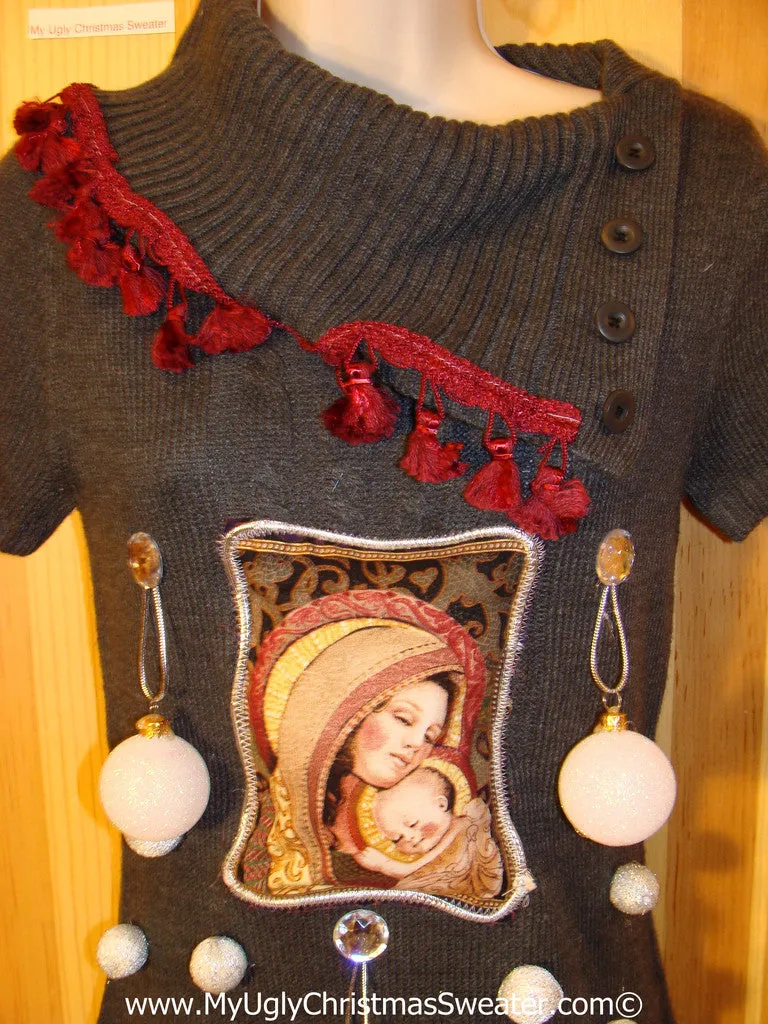 Ugly Christmas Sweater Party Tacky Dress with Mary and Baby Jesus and 3D Ornaments (d72)